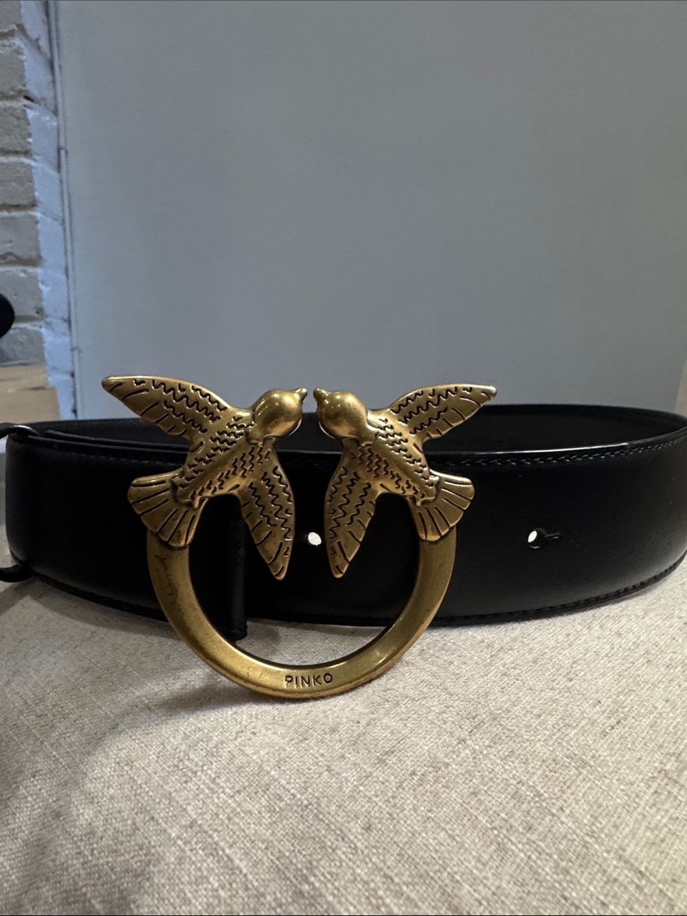Pinko Black Leather Belt with Gold Twin Bird Ring Buckle